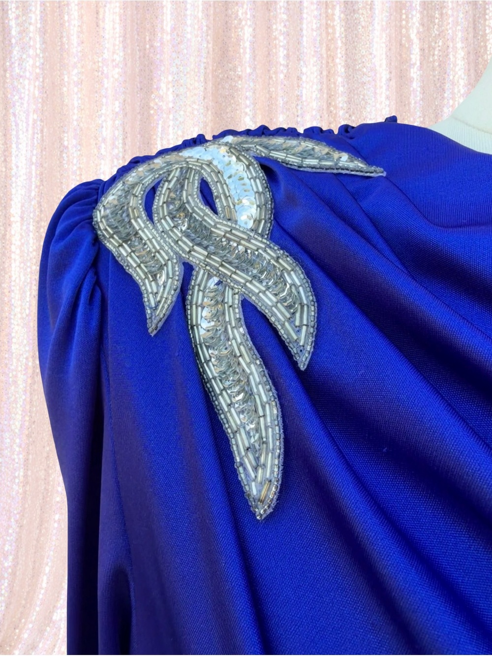 Vintage Capricorn Cobalt Blue Beaded Draped Midi Dress Sz 12 USA - Picture 6 of 16